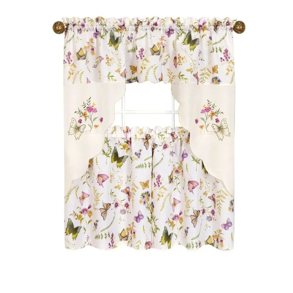 PowerSellerUSA Floral Butterflies Tier Panels and Swag Curtains, 3-Piece Window